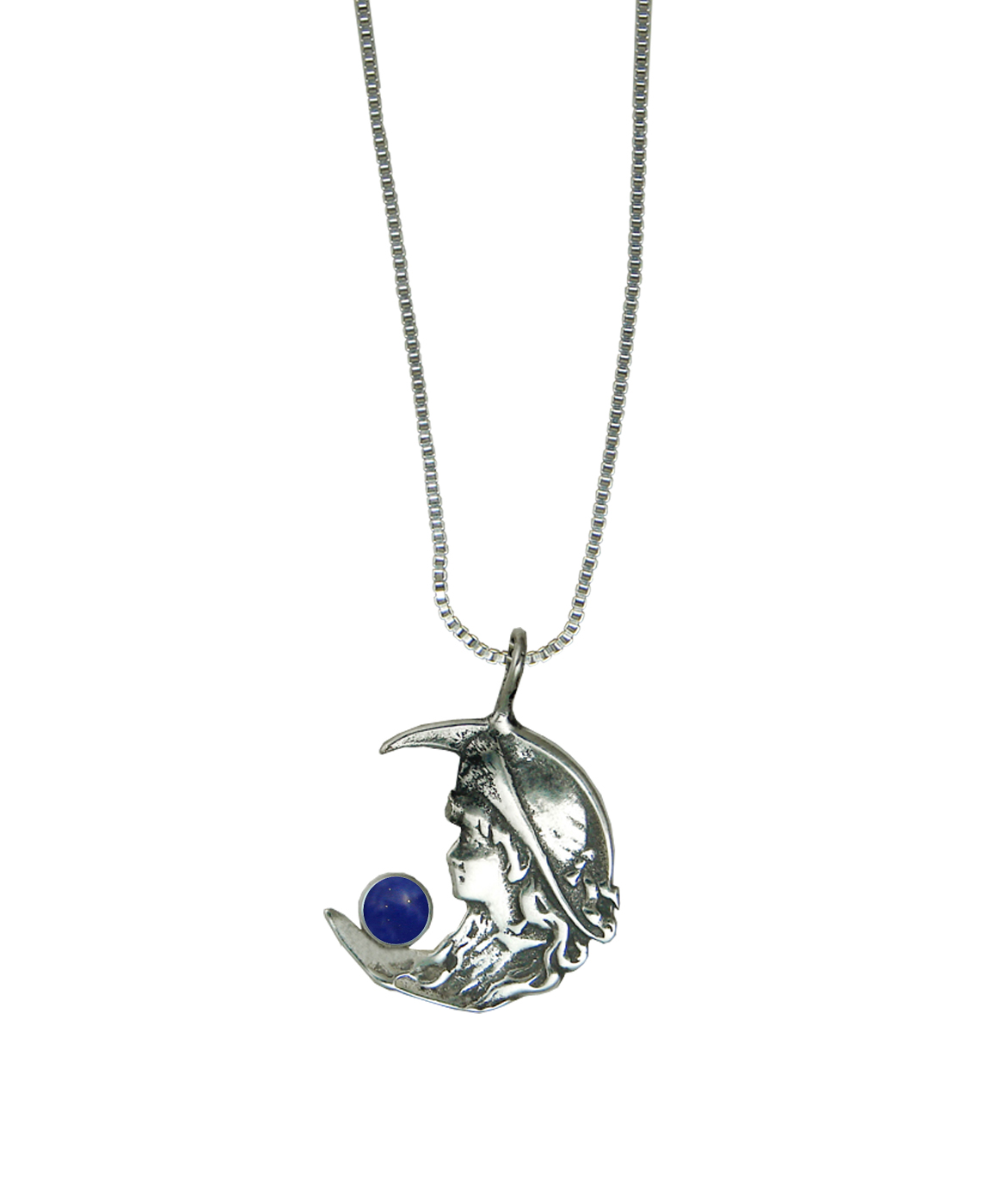 Sterling Silver Young Moon Goddess Pendant With Lapis Lazuli